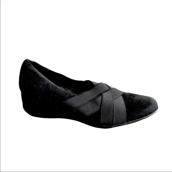 BROWNS Black Suede Slip On Wedge Shoes With Elastic 7.5 - Picture 2 of 10
